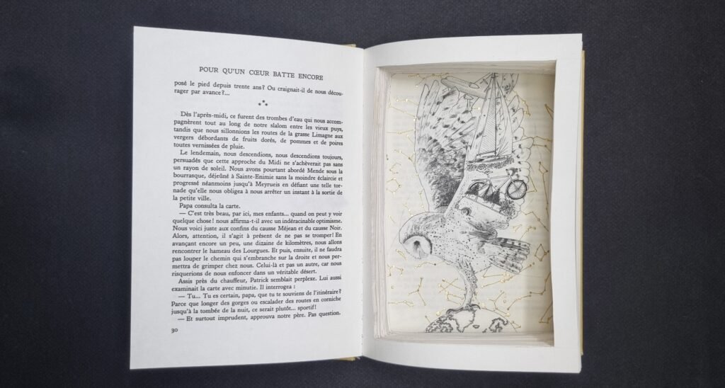 Eco-responsible illustration on recycled paper depicting an owl standing on the Earth. Within her body appear travel symbols — sailboat, airplane, bicycle — surrounded by constellations against a light background, evoking movement, transmission and tribute.