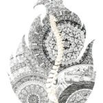 Symbolic composition centered on a stylized spine, blending organic elements and graphic lines. The artwork explores the idea of an inner axis, structure, and balance between fragility and strength.