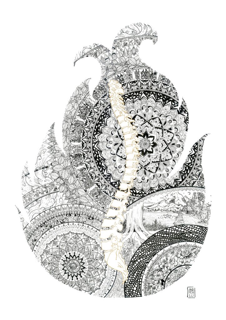 Symbolic composition centered on a stylized spine, blending organic elements and graphic lines. The artwork explores the idea of an inner axis, structure, and balance between fragility and strength.