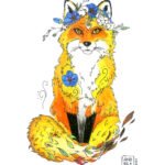 Symbolic portrait of a fox-woman in warm tones, blending human face and animal fur. The composition combines natural textures and a direct gaze, evoking instinct, cunning, and contained wild strength.