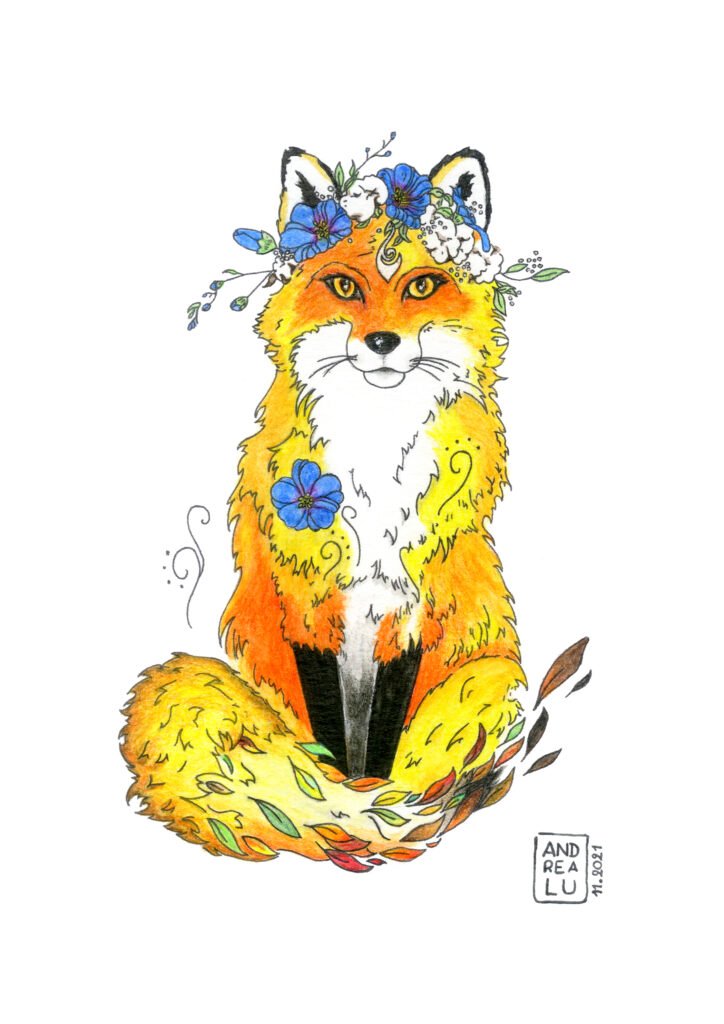 Symbolic portrait of a fox-woman in warm tones, blending human face and animal fur. The composition combines natural textures and a direct gaze, evoking instinct, cunning, and contained wild strength.