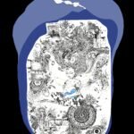 Dreamlike portrait of a female figure inspired by the siren Parthenope, created with ink, watercolor and gold leaf. Her body contains a landscape blending sea, Neapolitan architecture and vegetation; Castel dell’Ovo appears integrated within the black-and-white composition with deep blue accents.