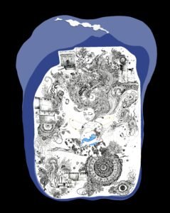 Dreamlike portrait of a female figure inspired by the siren Parthenope, created with ink, watercolor and gold leaf. Her body contains a landscape blending sea, Neapolitan architecture and vegetation; Castel dell’Ovo appears integrated within the black-and-white composition with deep blue accents.