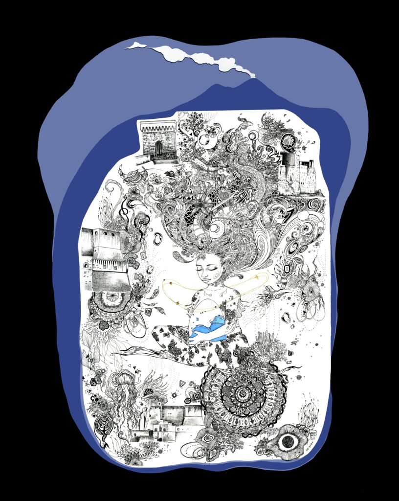 Dreamlike portrait of a female figure inspired by the siren Parthenope, created with ink, watercolor and gold leaf. Her body contains a landscape blending sea, Neapolitan architecture and vegetation; Castel dell’Ovo appears integrated within the black-and-white composition with deep blue accents.