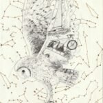 Eco-friendly contemporary artwork created on recycled paper (A5 format). Illustration of an owl standing on planet Earth, with travel symbols inside her body (sailboat, airplane, bicycle). Golden constellations on a light background. Symbolic drawing exploring slow travel, legacy, and tribute.