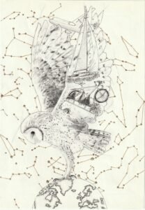 Eco-friendly contemporary artwork created on recycled paper (A5 format). Illustration of an owl standing on planet Earth, with travel symbols inside her body (sailboat, airplane, bicycle). Golden constellations on a light background. Symbolic drawing exploring slow travel, legacy, and tribute.