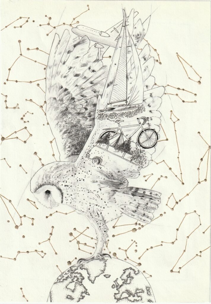 Eco-friendly contemporary artwork created on recycled paper (A5 format). Illustration of an owl standing on planet Earth, with travel symbols inside her body (sailboat, airplane, bicycle). Golden constellations on a light background. Symbolic drawing exploring slow travel, legacy, and tribute.