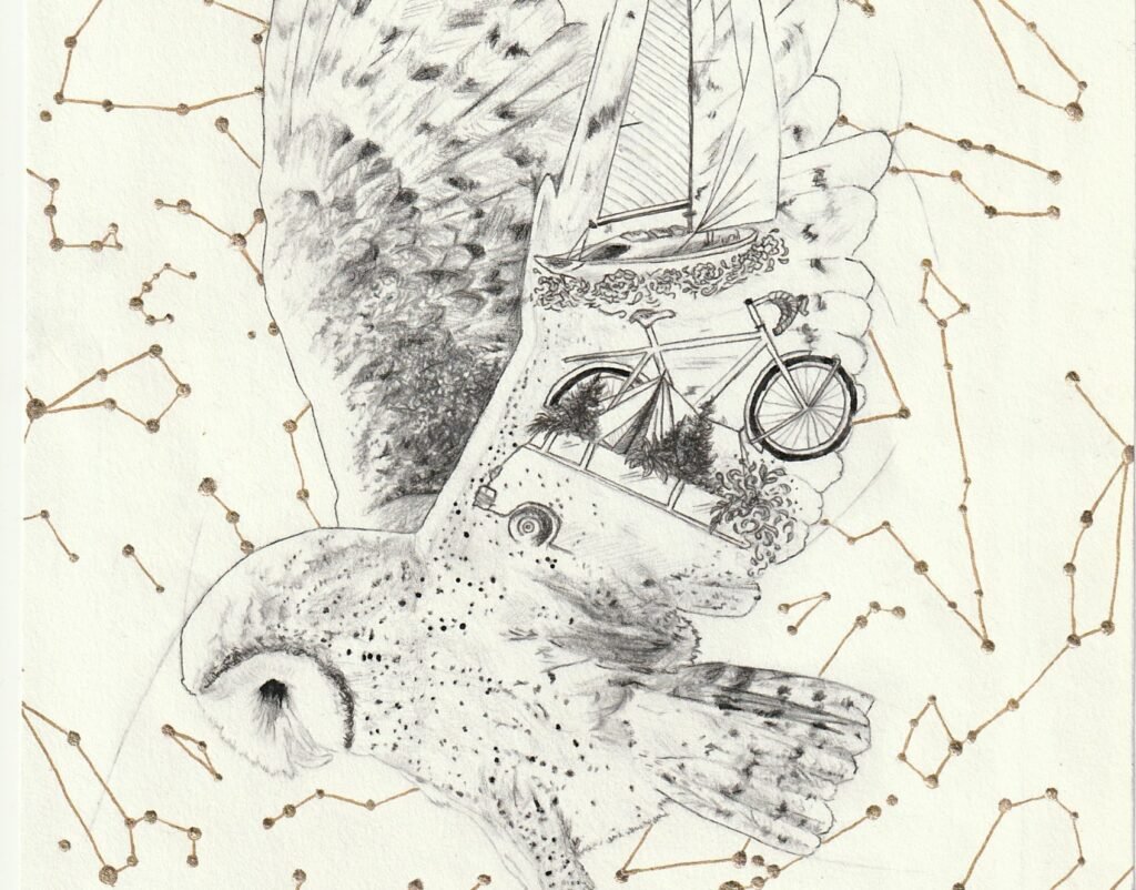 Eco-responsible illustration on recycled paper depicting an owl standing on the Earth. Within her body appear travel symbols — sailboat, airplane, bicycle — surrounded by constellations against a light background, evoking movement, transmission and tribute.