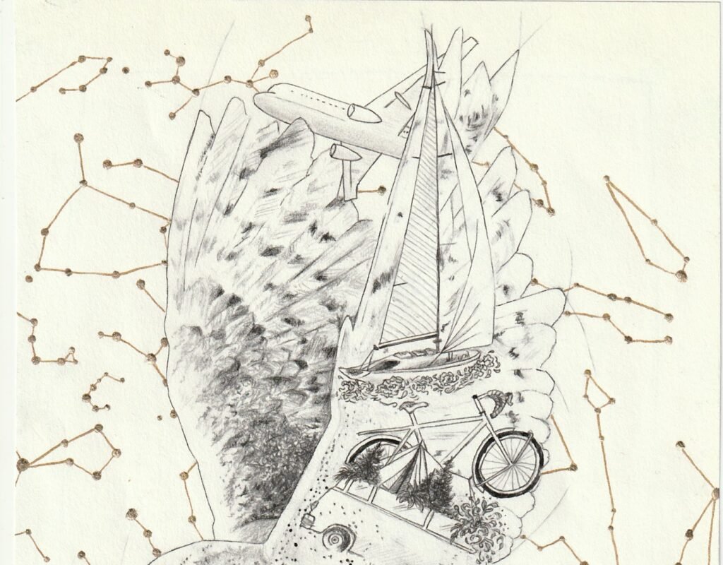 Eco-responsible illustration on recycled paper depicting an owl standing on the Earth. Within her body appear travel symbols — sailboat, airplane, bicycle — surrounded by constellations against a light background, evoking movement, transmission and tribute.