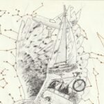 Eco-responsible illustration on recycled paper depicting an owl standing on the Earth. Within her body appear travel symbols — sailboat, airplane, bicycle — surrounded by constellations against a light background, evoking movement, transmission and tribute.