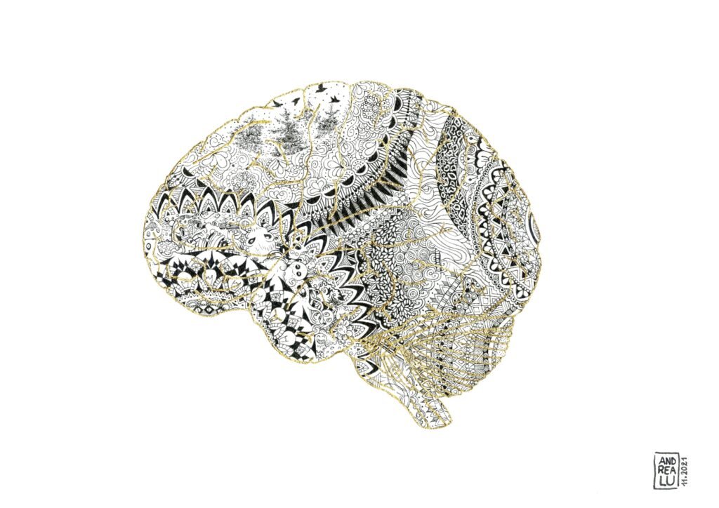 Fragmented human brain with cracks highlighted in gold lines inspired by Japanese kintsugi. The contrast between dark material and luminous veins emphasizes healing and the beauty of scars.