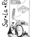 Black-and-white contemporary illustration depicting a traveling art project by bicycle across Italy. At the center, a large bicycle stands on a floating island covered with pine trees, suspended above clouds with a waterfall cascading downward. Surrounding and above it are ink-drawn Italian landmarks — Mount Vesuvius and Naples, the Colosseum in Rome, Florence Cathedral, the Leaning Tower of Pisa, the Rialto Bridge in Venice, and a classical temple. The handwritten title “Sur La Route” runs vertically along the composition. Symbolic artwork evoking slow travel, Italian cultural heritage, and eco-conscious mobility.