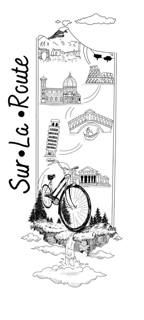 Black-and-white contemporary illustration depicting a traveling art project by bicycle across Italy. At the center, a large bicycle stands on a floating island covered with pine trees, suspended above clouds with a waterfall cascading downward. Surrounding and above it are ink-drawn Italian landmarks — Mount Vesuvius and Naples, the Colosseum in Rome, Florence Cathedral, the Leaning Tower of Pisa, the Rialto Bridge in Venice, and a classical temple. The handwritten title “Sur La Route” runs vertically along the composition. Symbolic artwork evoking slow travel, Italian cultural heritage, and eco-conscious mobility.